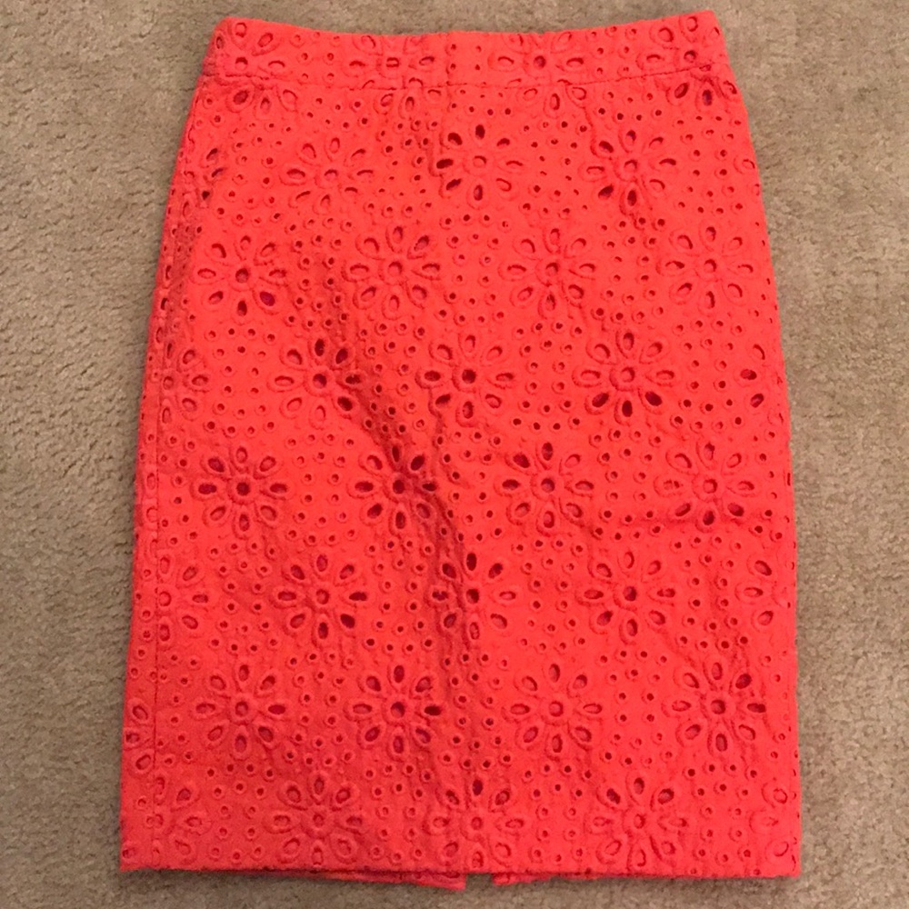 J Crew Coral Eyelet No. 2 Pencil Skirt 00